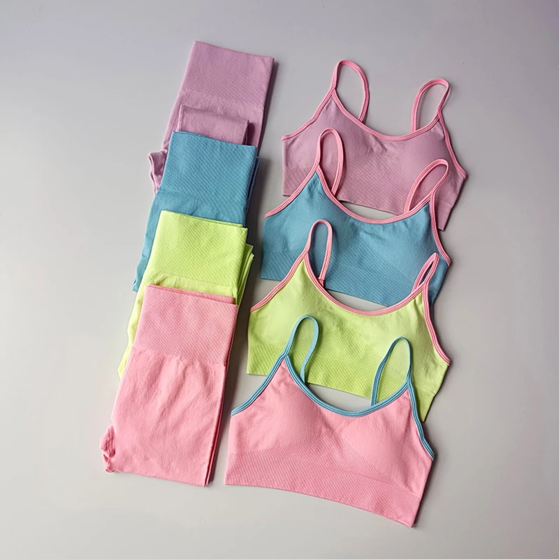 Frauen Fitness Yoga Setzt Candy Farbe Patchwork Workout Anzüge Hohe Taille Gym Leggings Sport Bh Lauf Aktive Tragen 2 Stück