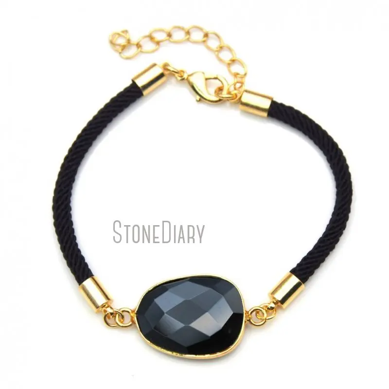 

BM14884 Faceted Natural Gemstone Onyx Black Fiber Cotton Adjustable Bracelet Gold Plated Minimalist Jewelry