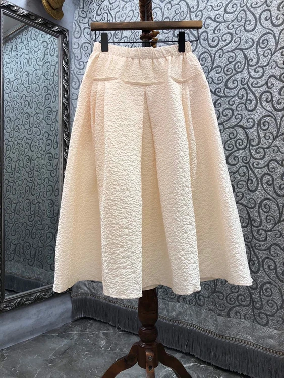 

2021 new women fashion solid color decoration elastic jacquard all-match mid-length skirt 098