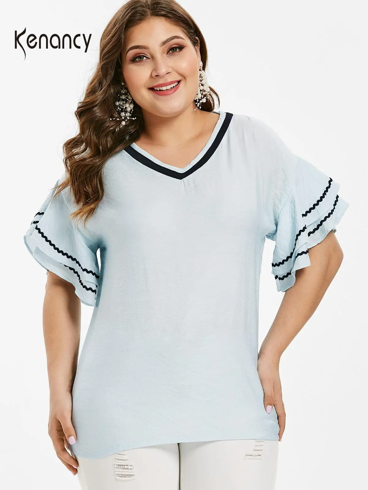 Kenancy Элегантная блузка с V образным вырезом и рукавами колокольчиками женские