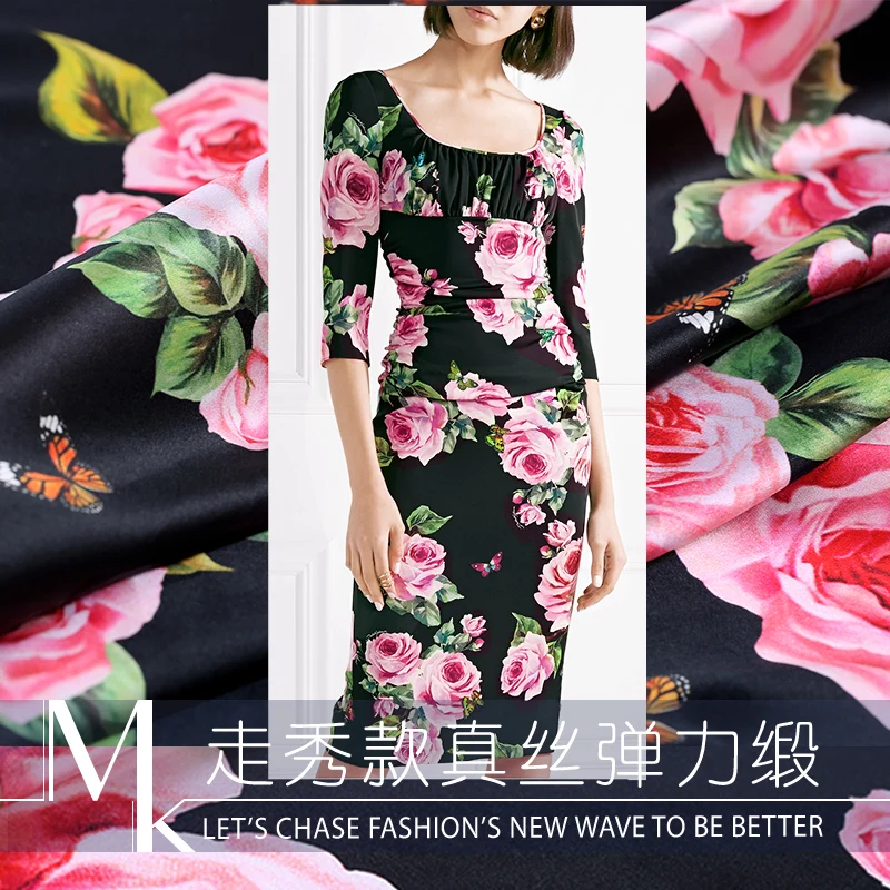 

Цветные ткани японский принты цветы розы лоскутное изделие из эластичного трикотажного полотна атласа 19мм шелковой для платья тканевый из...