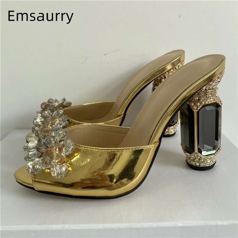 

Jeweled Diamond High Heel Slingbacks Mules Lady Patent Leather Peep Toe Beaded Rhinestone Flower Sandals Women Summer