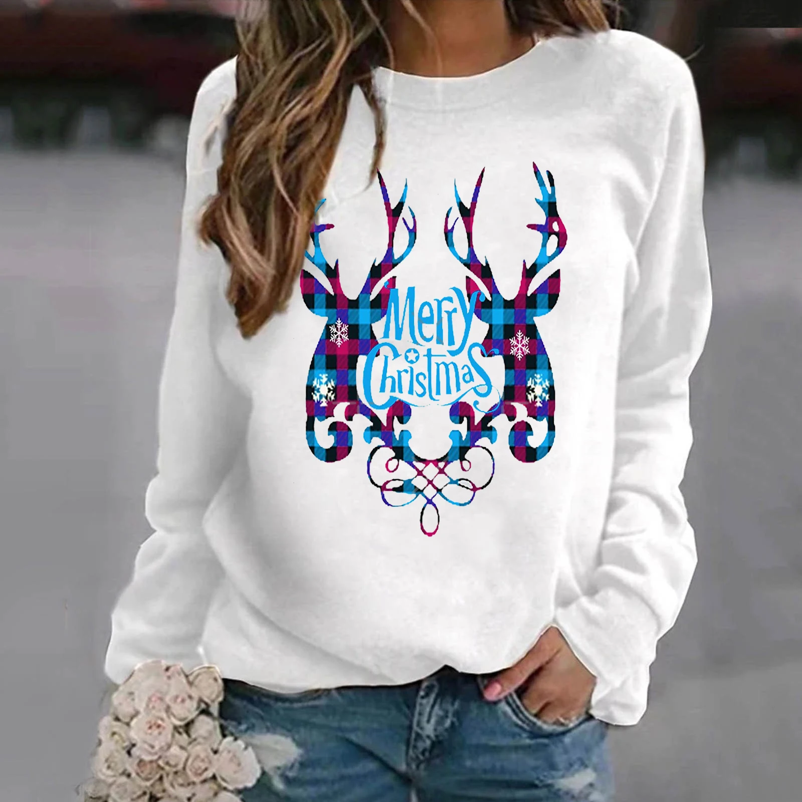

2021 New Reindeer Print Pullover Merry Christmas Deer Print Hoodie Women Long Sleeve Casual Sweatshirt Lady Autumn Loose Hoodie
