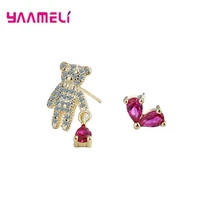 lovely christmas birthday gift for woman girl sterling silver 925 bear and waterdrop asymmetric stud earring pendientes