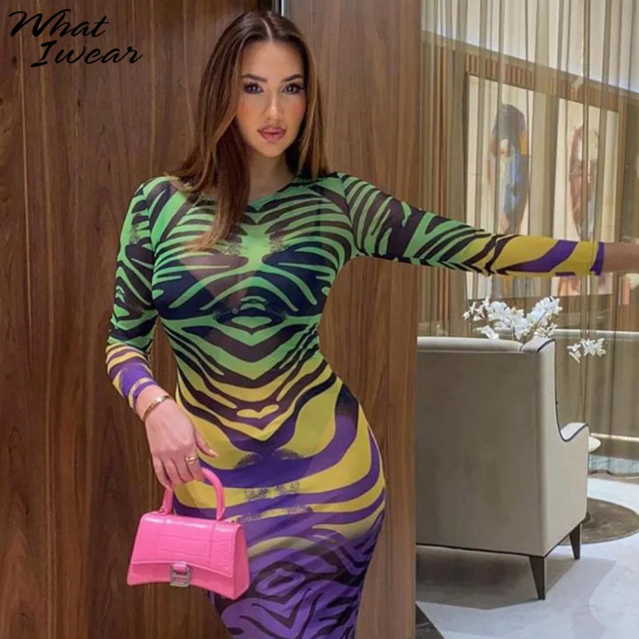 

Whatiwear Tie Dye Print Mesh See Through Maxi Dress Women Hipster Sexy Sheath Midnight O-Neck Long Sleeve Hot Party Streetwear