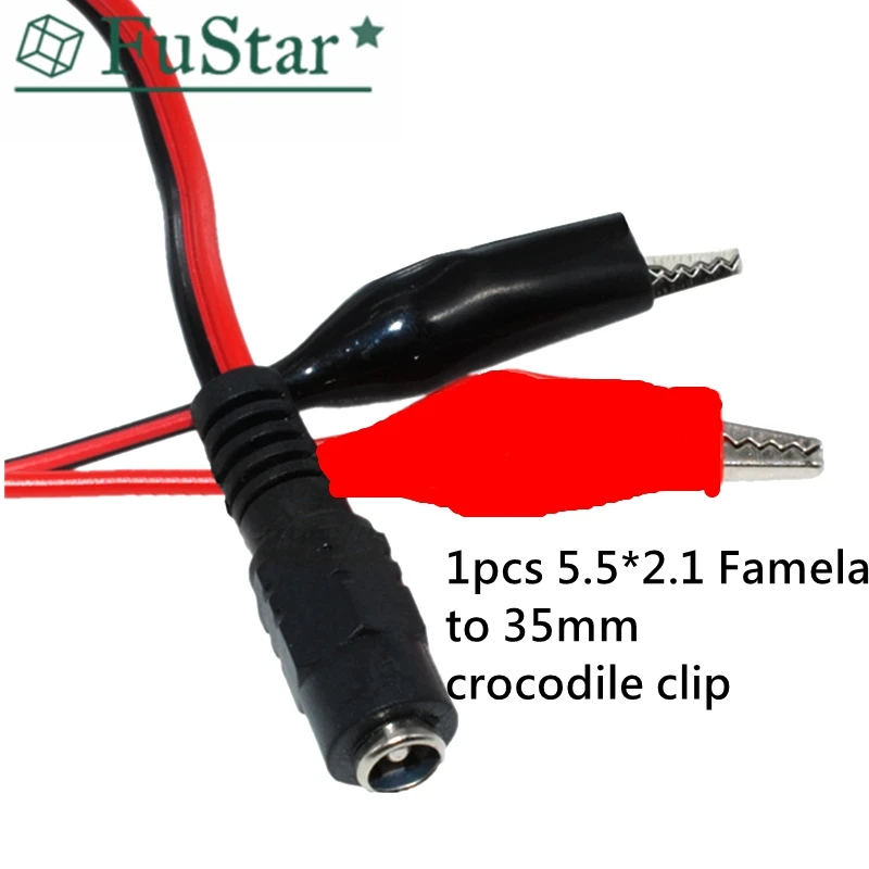 Адаптер для подключения 1 мужского или женского DC-разъема питания к 2 крокодильчикам-зажимам с проводом длиной 25 см и размером зажима 5,5 * 2,1 мм.