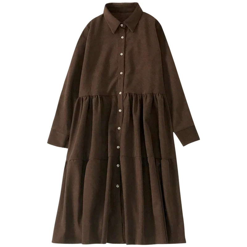 

Loose Solid Women Shirts Turn-Down Collar Long-Sleeved A-Line Knee-Length Lady Elegant Clothing Top Quality