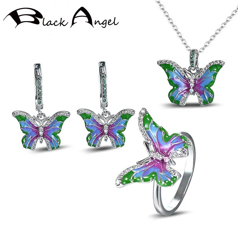 

BLACK ANGEL 925 Silver Jewelry Set Colorful Enamel Butterfly Ring Necklace Clip Earrings For Women CZ Insect Wedding Party Gift