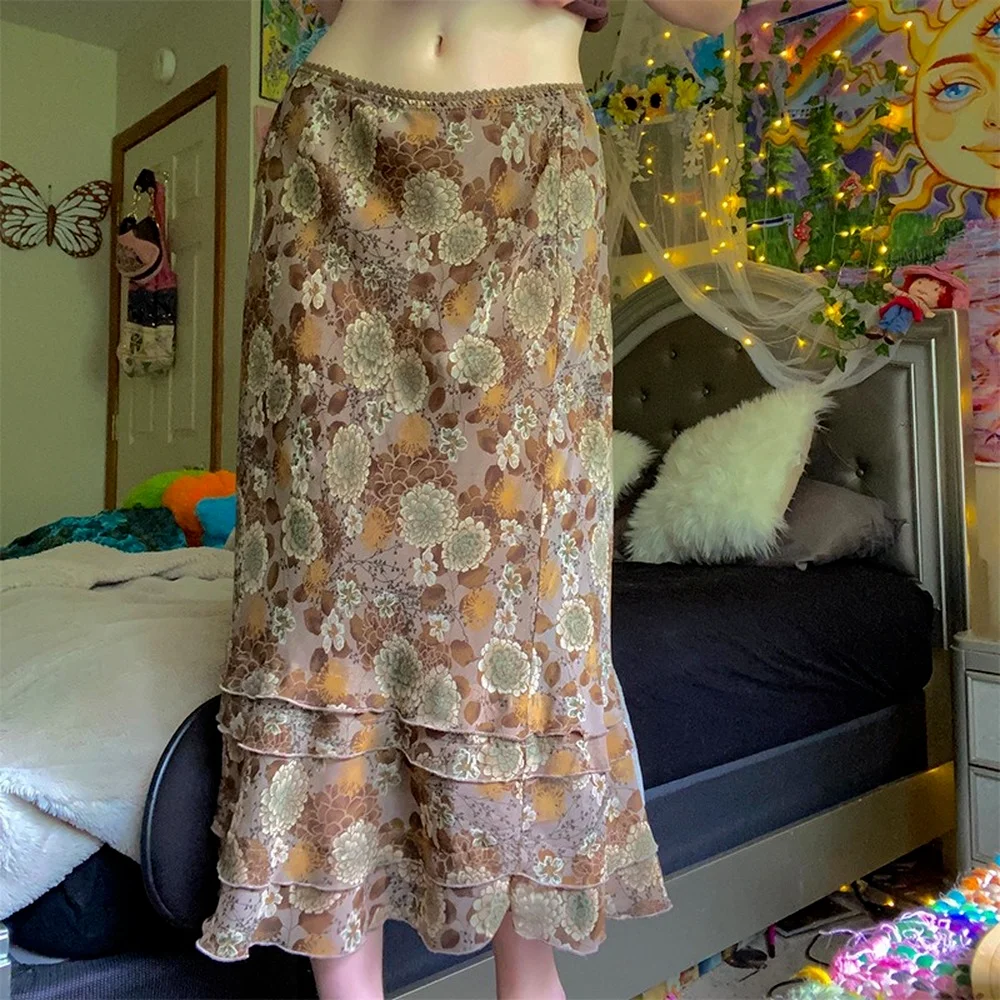 

Юбка женская прямая с цветочным принтом, милая винтажная Милая юбка средней длины с Fairycore, праздничная в Корейском стиле