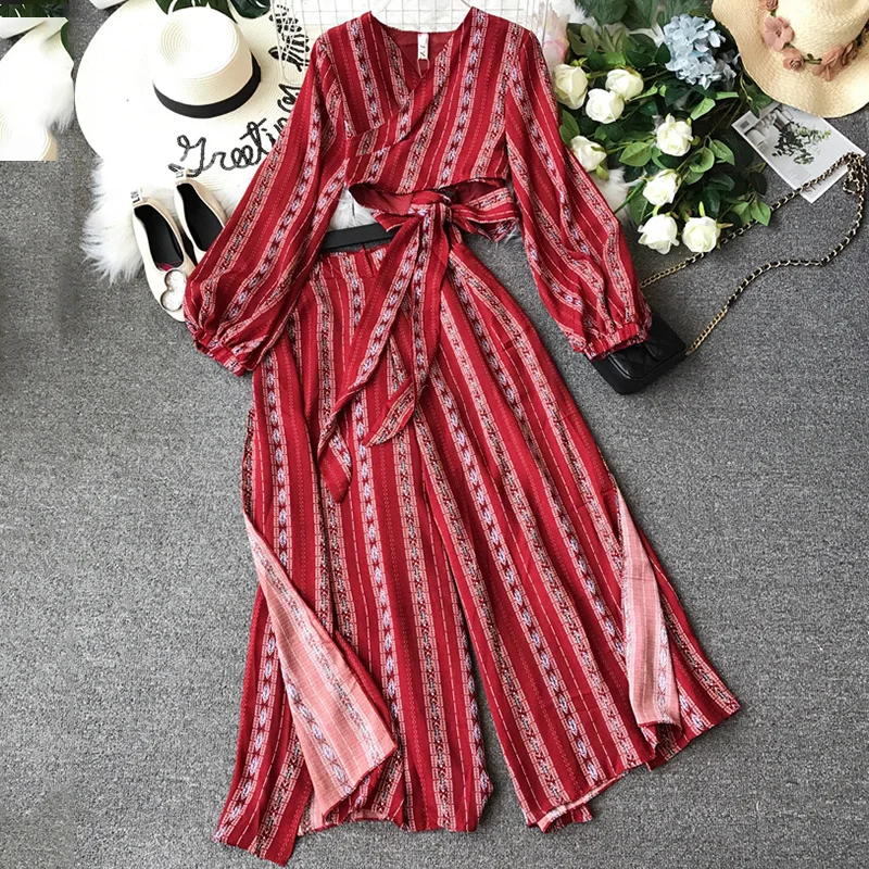 2019 новые весенне летние женские рубашки с поясом принтом + широкие брюки большого