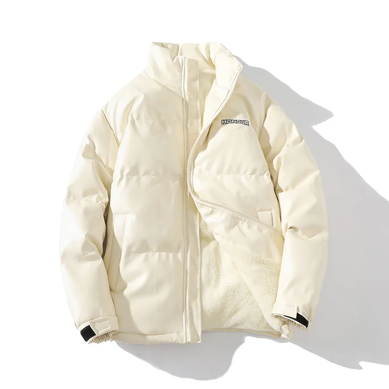 2023 PU Leather Thicken Warm Fleece Men Parkas Winter Stand Collar Letter Printed Casual Jackets Coats Outwear