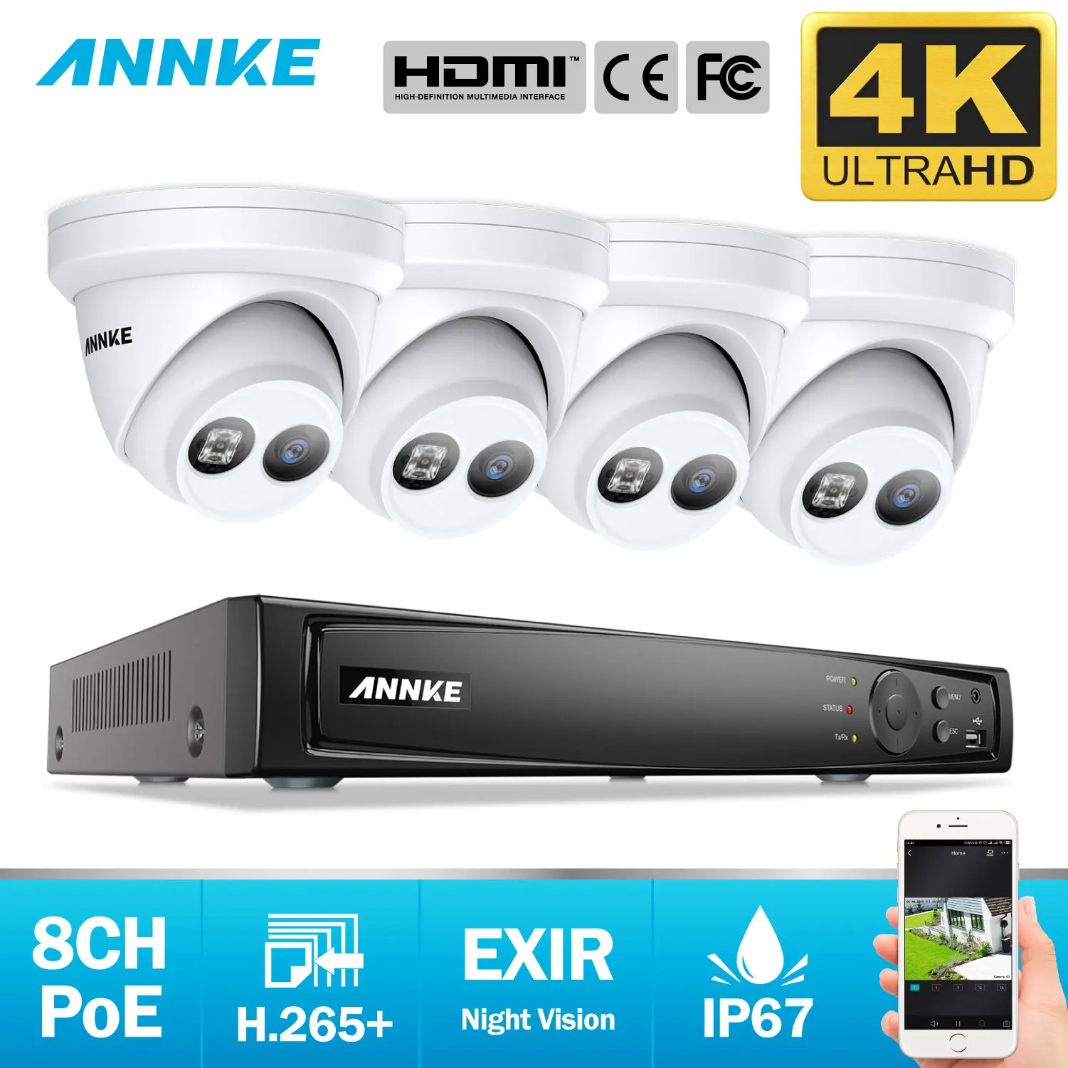 ANNKE 8CH 4K Ultra HD POE сетевая видео система безопасности 8MP H.265+ NVR с 4X8 Мп 30m EXIR ночного видения Всепогодная IP камера
