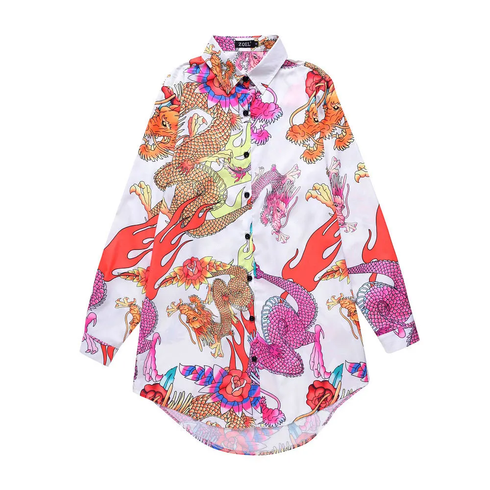 Негабаритная Женская Длинная блузка с длинным рукавом Китайский дракон принт