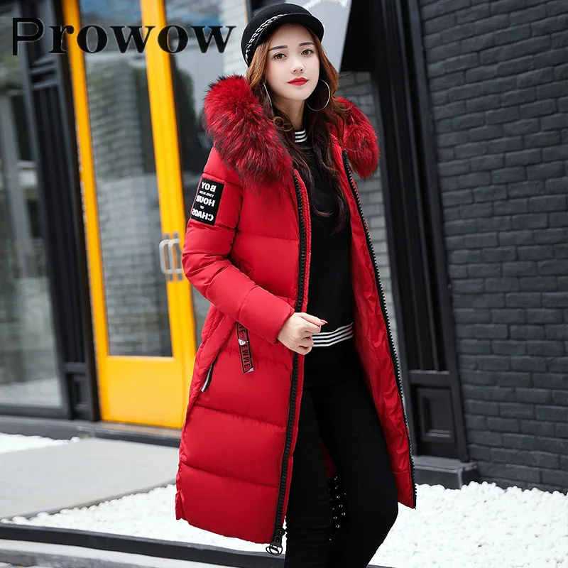 

Prowow womens winter Solid Slim warm fur collar Long cotton jacket Female fashion Casual streetwear plus size hooded Parkas coat