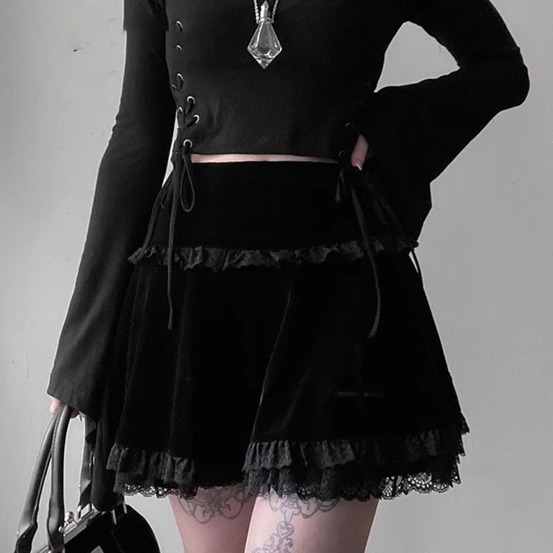 

Женская плиссированная мини-юбка Goth Dark, винтажная бархатная юбка с высокой талией, кружевная юбка в стиле Харадзюку с оборками,