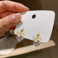 mengjiqiao hot sale korean elegant opal flower drop earrings for women ladies cute square crystal pendientes jewelry