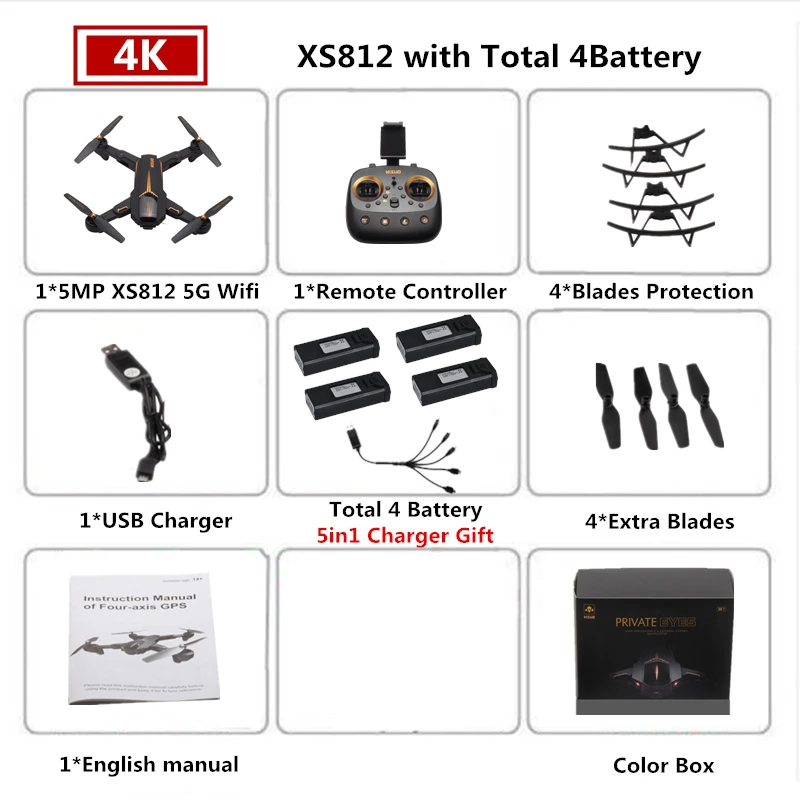 4 Color Box 4K VISUO XS812 Радиоуправляемый Дрон 4K gps Дроны с 5G WiFI FPV камера Вертолет следим за мной складной Квадрокоптер VS F11 SG906 - Цвет: 4 Color Box 4K