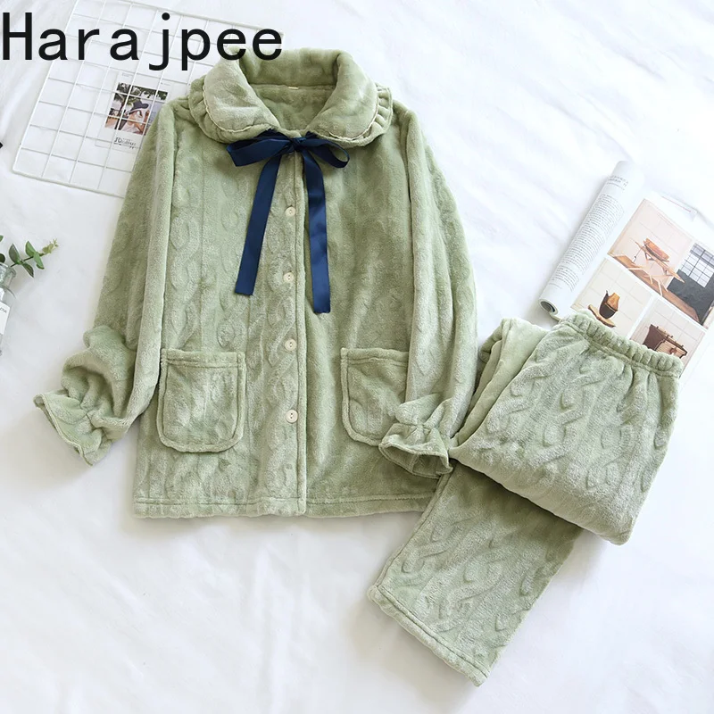 

Harajpee Pajamas Female Autumn and Winter Coral Velvet Thickened Flannel Warm Spring Long Sleeve Cartoon Home Suit Age Reducing
