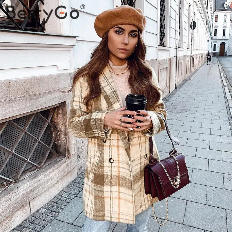 BerryGo винтажное клетчатое твидовое пальто для женщин на каждый день пуговицы