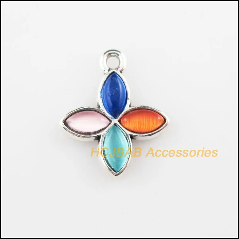 New 12Pcs Tibetan Silver Clover Flower Colored Stone Charms Pendants 15.5x18mm |
