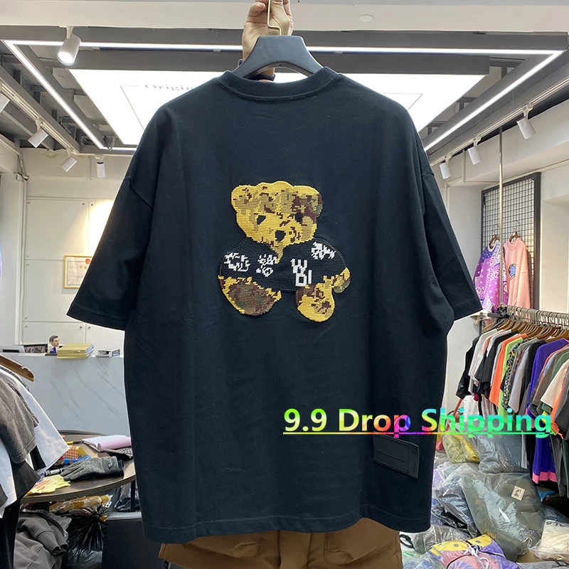 

2021 Oversize We11done Bear Logo T-shirt High Quality Men Women Embroidery Cartoon Bear Welldone Tee Tops Hem Label Short Sleeve