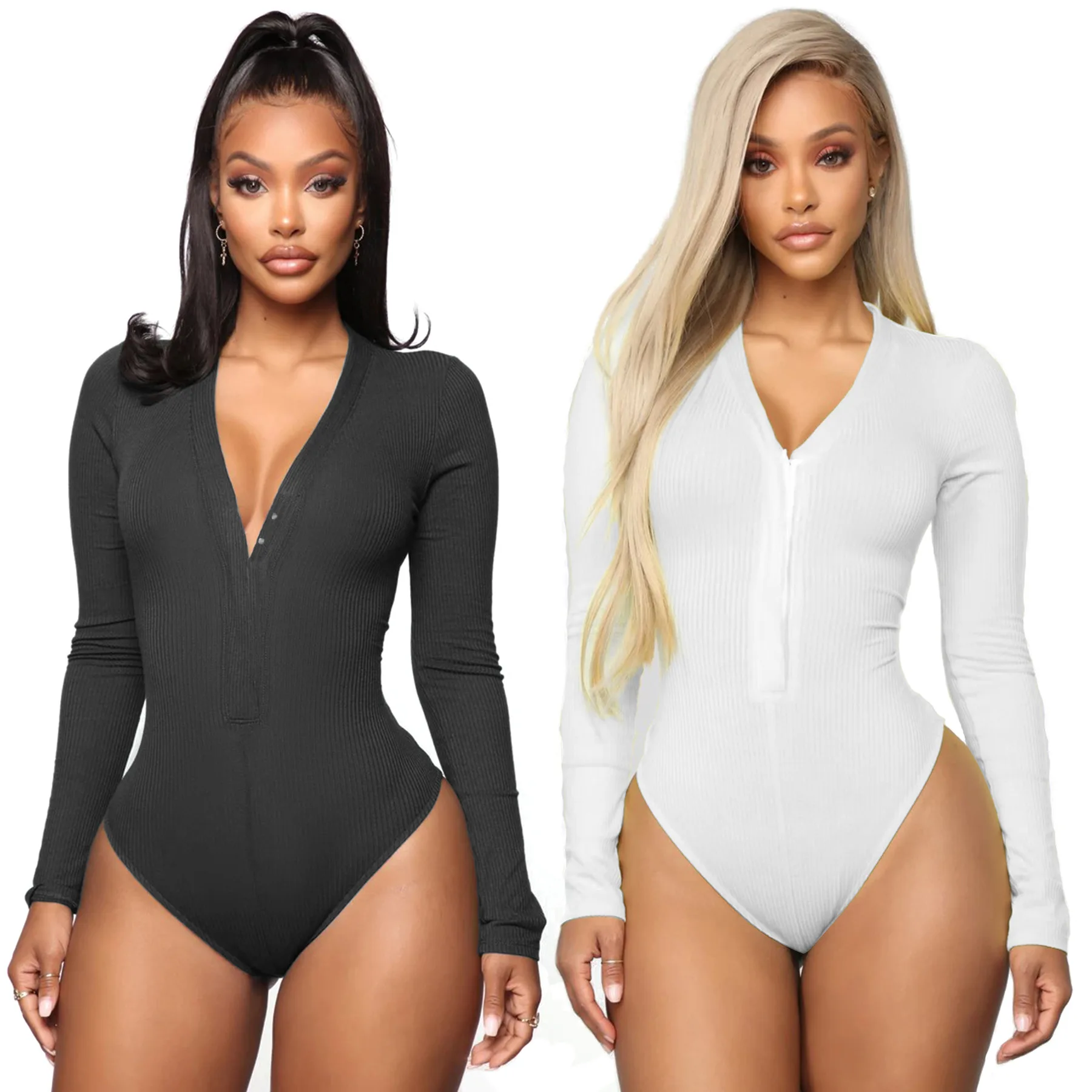 

Fall/winter New Row Buckle Leggings Women Bodysuit Long Sleeve V-neck Jumpsuit AAA Quality