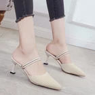 Туфли женские на высоком каблуке, эластичные сетчатые, вязаные, без застежки, квадратный каблук, стразы, весна-осень 2019