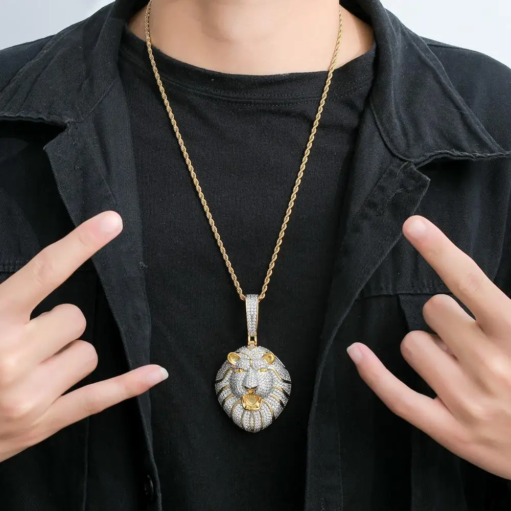 

Iced Out Micro Pave Cubic Zircon Lion Head Pendant Necklace For Men's Hip Hop Jewelry Fashion Design Rock Fashion Jewelry Gift