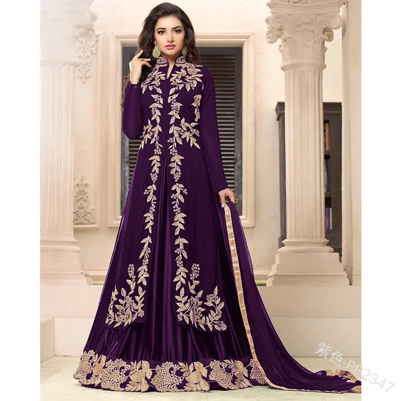 

Elegant Splice Women Dress Muslim Abaya 2 Piece Set Shawl Floral Stand Collar Big Swing A-line Party Long Maxi vestidos kaftan