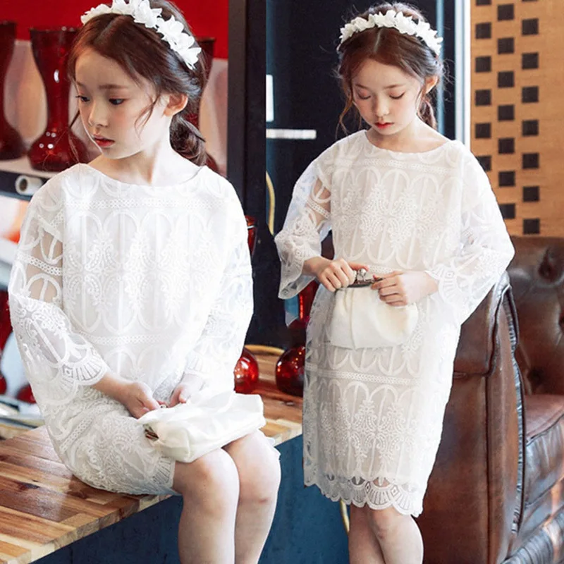 

New Kids Girls Lovely Cute Casual White Sleeve Dress Spring Autumn Lace Knee Length