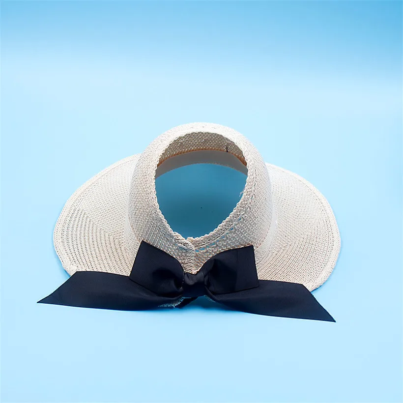 

Womens UV Protection Sun Hat Female Bowknot Visor Caps Cotton Knit Summer Cap Sunshade Hat Topless Beach Hats with Ponytail Hole