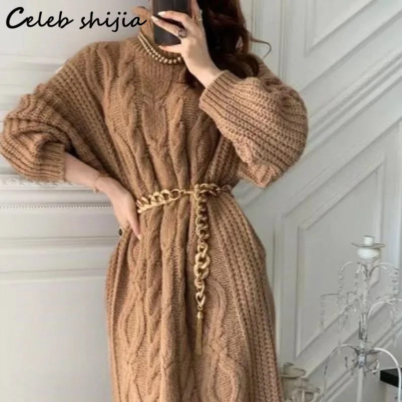 

Vintage Turtleneck Thicken Sweater Dress Bodycon Women Autumn Winter Long-sleeve Long Knitted Vestido Loose Clothing Runway