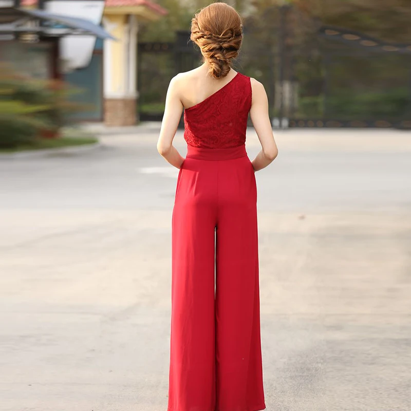 Women Jumpsuit Elegant 2022 Party Summer Chiffon Formal Off Shoulder Full Length Rompers Female Lace Wide Leg Overalls Clothing
