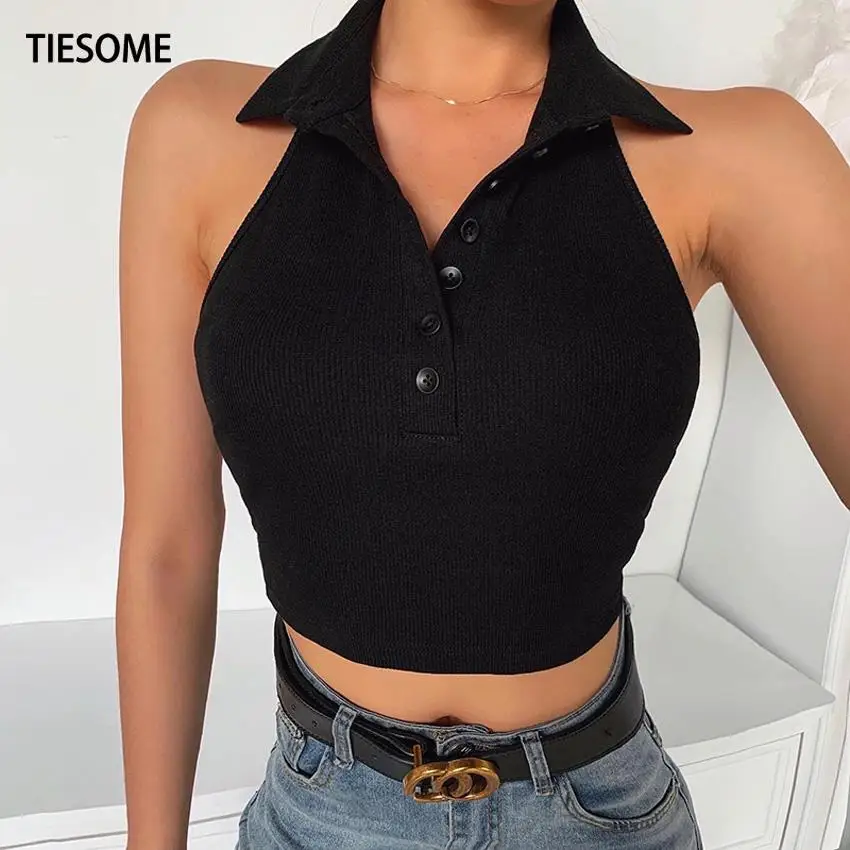Женская короткая майка TIESOME черная однотонная белая Клубная одежда без рукавов с