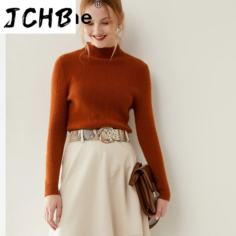 SHZQJCHB Autumn Sweaters for Women 100% Wool Woman Pullover Knitted Sweater Winter Female Half Collar Clothes Pulls Femme TN953