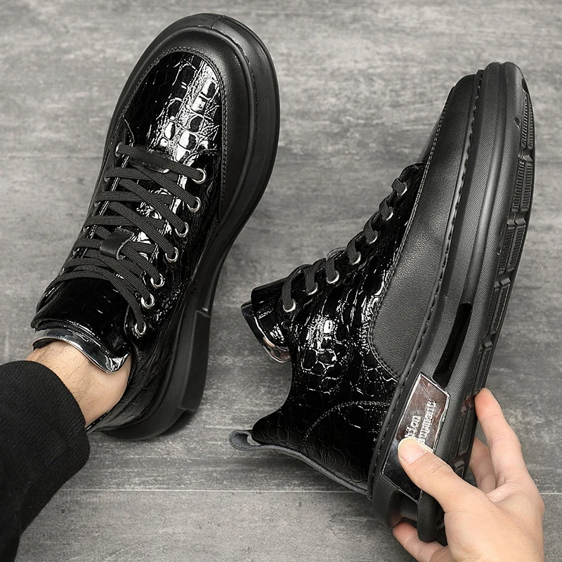 

Phenkang Men Embossed Crocodile High Top Sneakers Lace Flats Black Leather Designer Boots Mens Casual Shoes