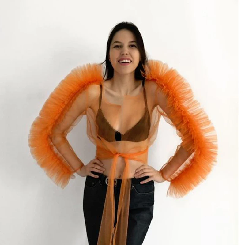 

Tie Crop Top Puffy Sleeves Sheer Crop Top Unique Mesh Front Tie Transparent Crop Blouse Women Sexy Blouse Ruffled Orange Wear