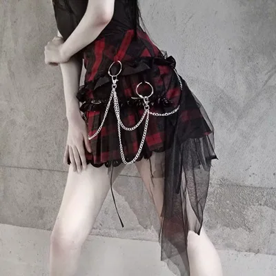 

Черная Готическая Лолита, клетчатая юбка, кружевная Лоскутная красная плиссированная юбка для девушек в стиле панк, готическое платье-лоли