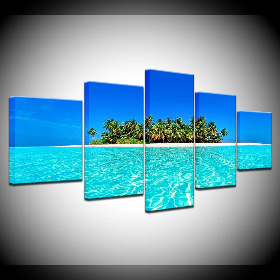 

Painting Canvas Wall Art Picture Home Decor Room Canvas Print 5 Panel Blue Sky Island Seascape Modern Wall Painting Artwork