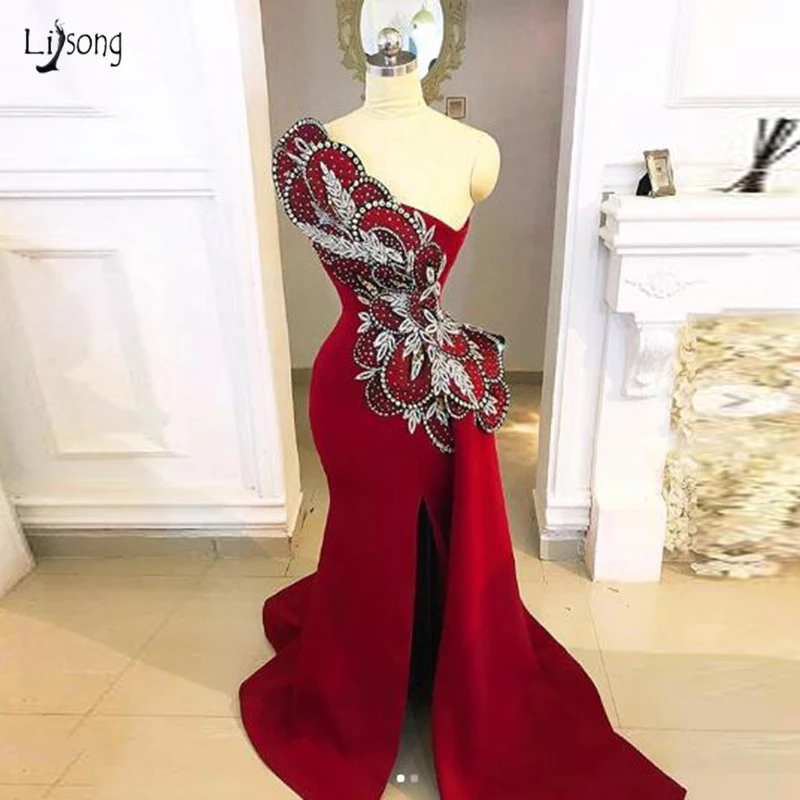 

Charming Burgundy One Shoulder Slit Long Mermaid Evening Party Dresses Elegant Appliques Lace Beading Formal Dresses Prom Gowns