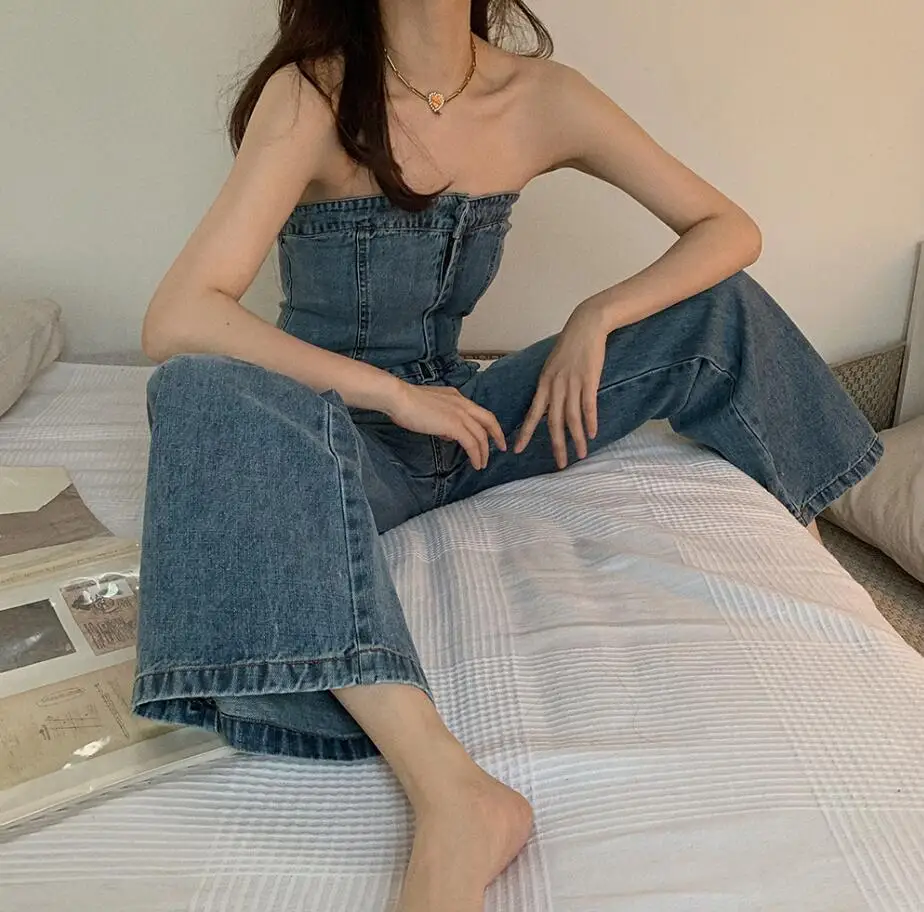 

2020 women strapless sleeveless off ths shoulder full length blue denim jumpsuit high waist wide leg overalls q626