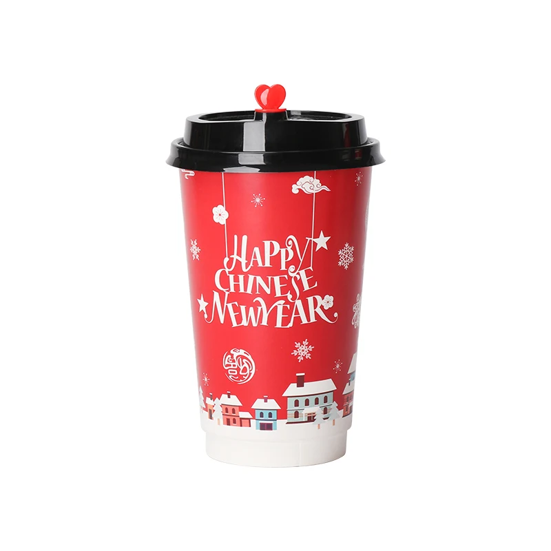 

50pcs High quality double layer paper disposable coffee cup 500ml drink Christmas cup new year milk tea paper cup with covers