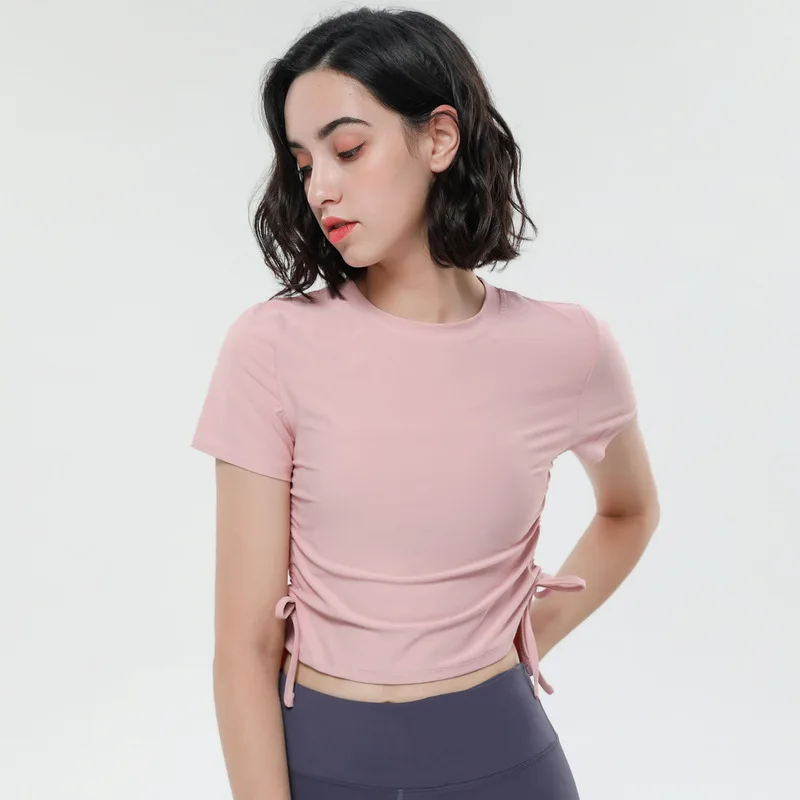 

Antibom Woman T-Shirts Short Sleeve Running Quick Dry Sports Slim Shirts Drawstring Yoga Crop Top Training Exercise Gym Clothing
