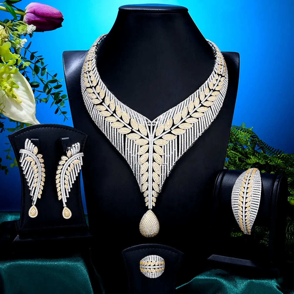 

GODKI BIG Fashion Luxury 4PCS 2 Tone Leaf African Jewelry Set For Women Wedding Party Zirconia Indian Dubai Bridal Jewelry Set