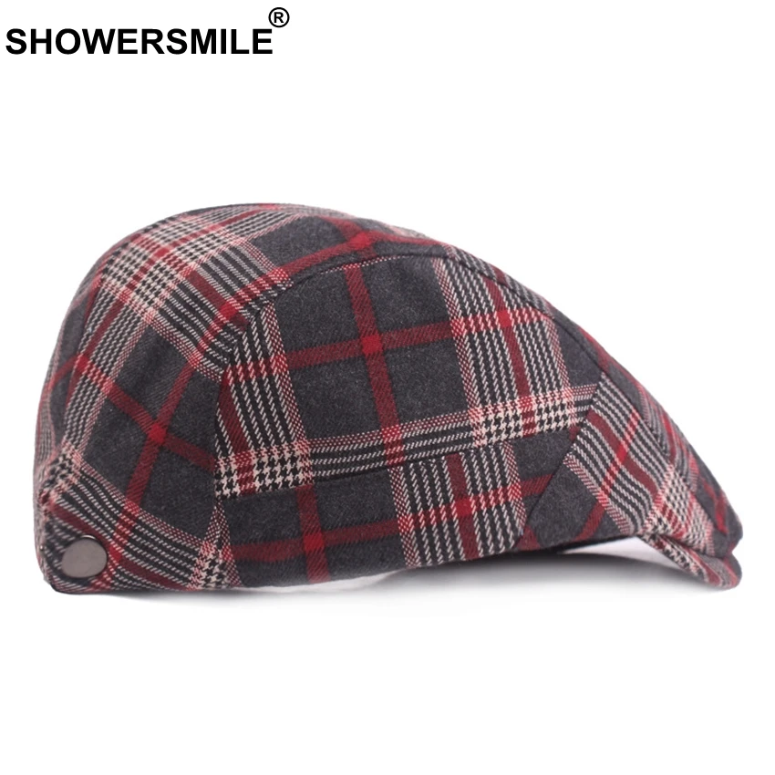 SHOWERSMILE Красный Клетчатый Берет Головные уборы для мужчин и женщин клетчатые плоские шапки хлопковые береты мужские классические винтажные регулируемые шапки в британском стиле