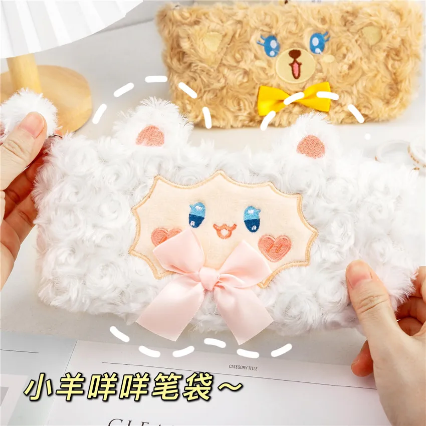 Cartoon Animal Cosmetic Case Student Storage Bag Girls Portable Large Capacity Makeup Pouch Soft Lamb Plush Pencil | Багаж и сумки