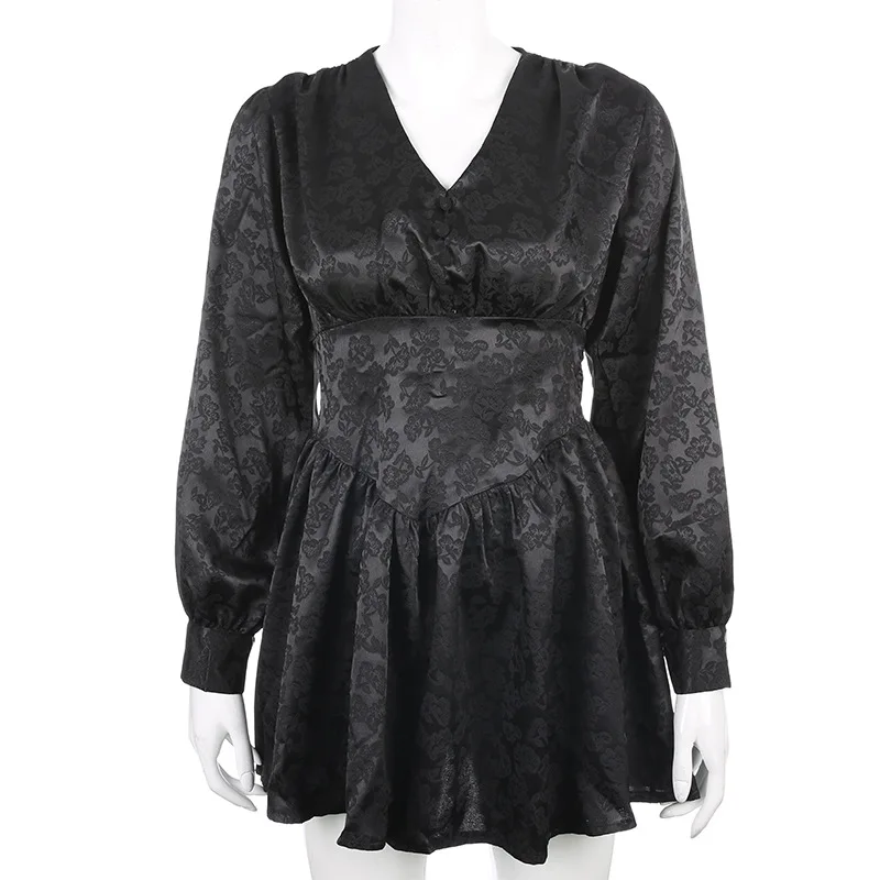 Women's 2020 Autumn Jacquard Dress Sexy V-neck Slim Waist Puff Sleeves Fashion Mid-length Dresses For Female Large Size SWD31704 | Женская