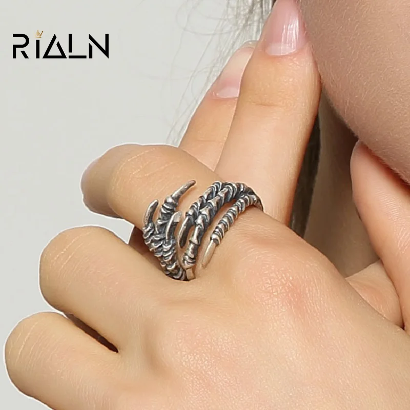 

RIALN 925 Sterling Silver Eagle Hook Fashion Retro Punk Hip Hop Adjustable Eagle Claw Ring Animal Handmade Jewelry