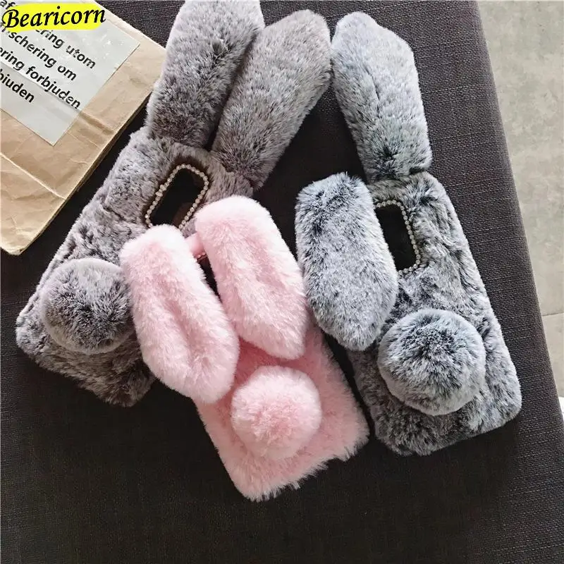 

Soft Plush Phone Case For Oneplus 5 5T 6 6T 7 7T 8 8T 9 Pro 9R Nord N10 N100 N200 2 CE 5G Furry Rabbit Bunny Fur Hair Back Cover