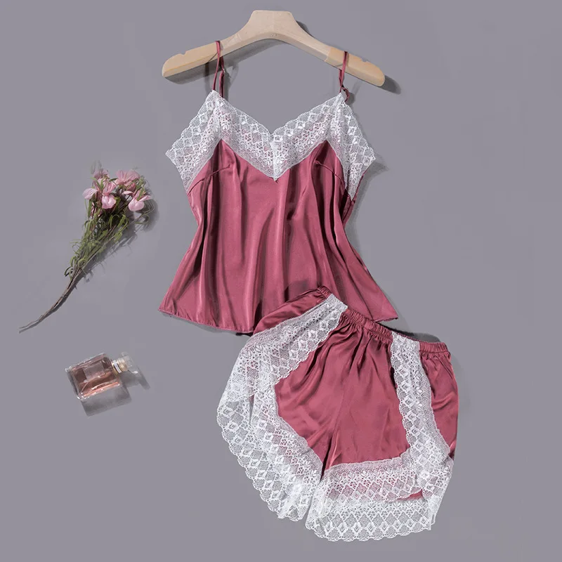 

Новое поступление женское сексуальное шелковое атласное платье пижамный комплект в виде кружевной пижамы летнее кружевное платье без рука...